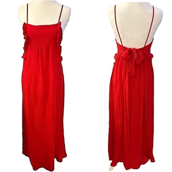 Zara Red Maxi Dress Spaghetti Straps Ruffle Detail Bow Tie Open Back Small - Picture 13 of 13